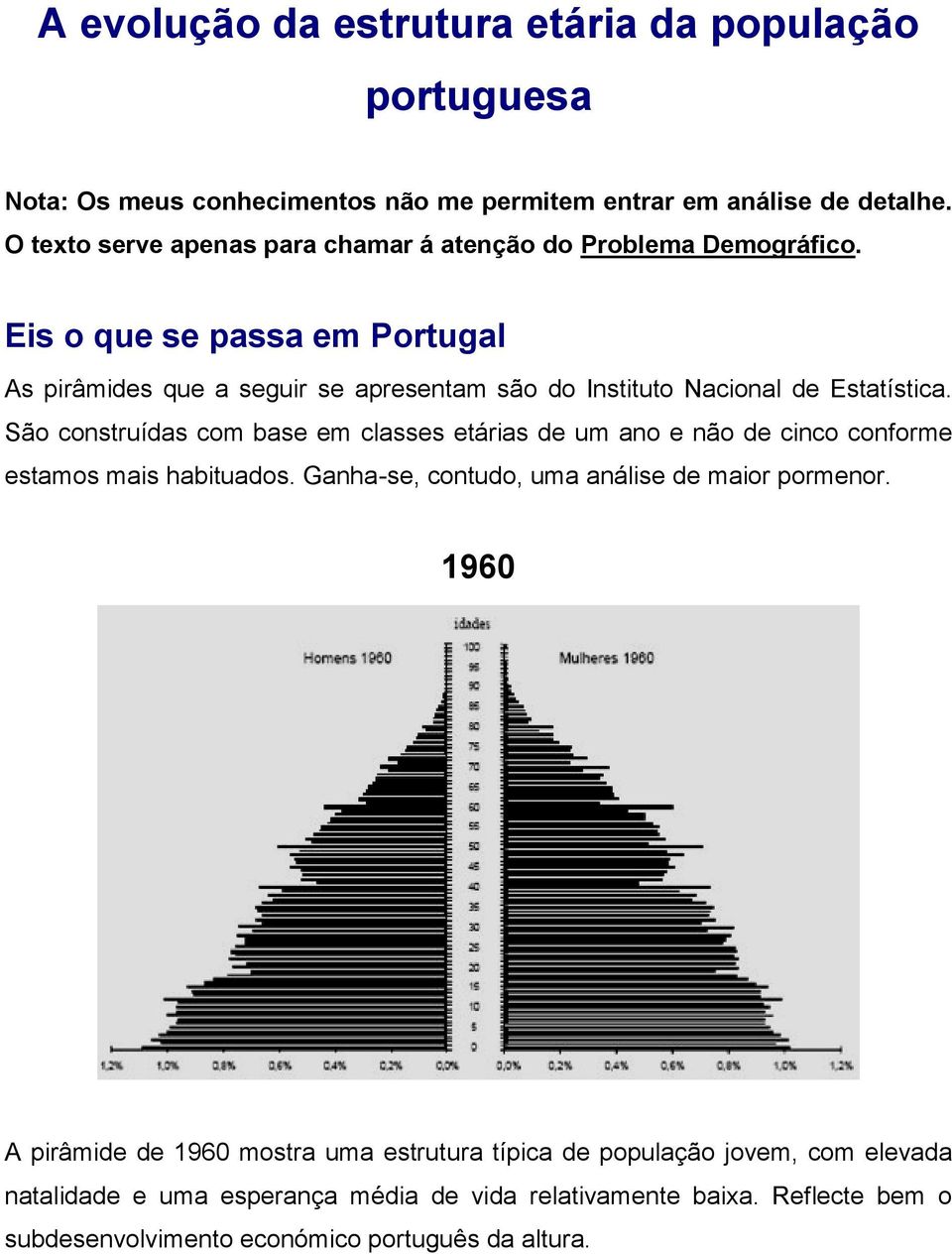 Eis o que se passa em Portugal As pirâmides que a seguir se apresentam são do Instituto Nacional de Estatística.