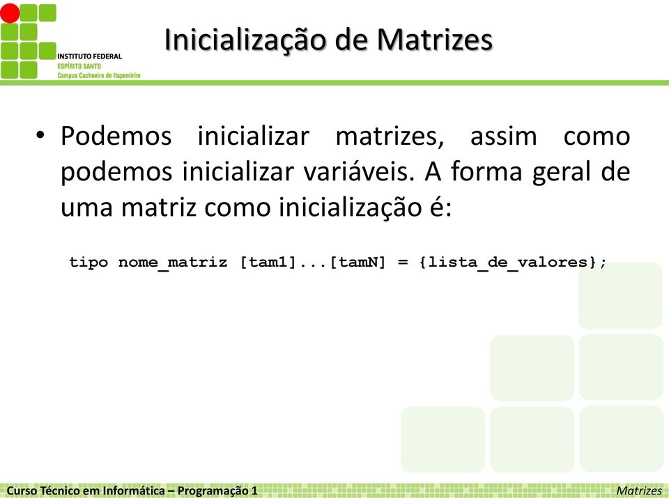 A forma geral de uma matriz como inicialização