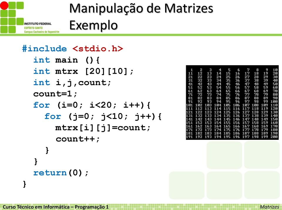 i,j,count; count=1; for (i=0; i<20; i++){ for