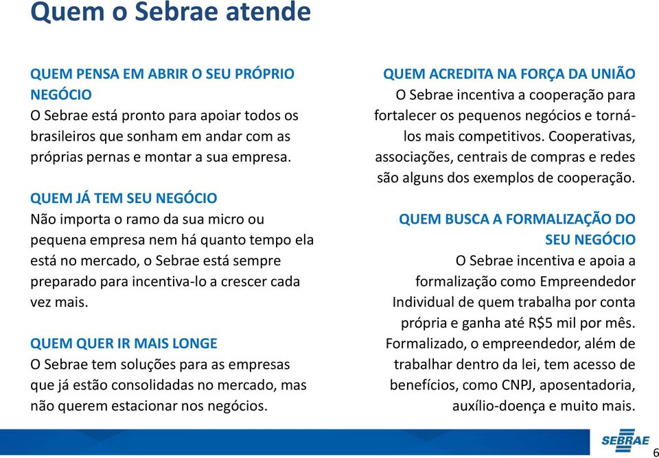 QUEM QUER IR MAIS LONGE O Sebrae tem soluções para as empresas que já estão consolidadas no mercado, mas não querem estacionar nos negócios.