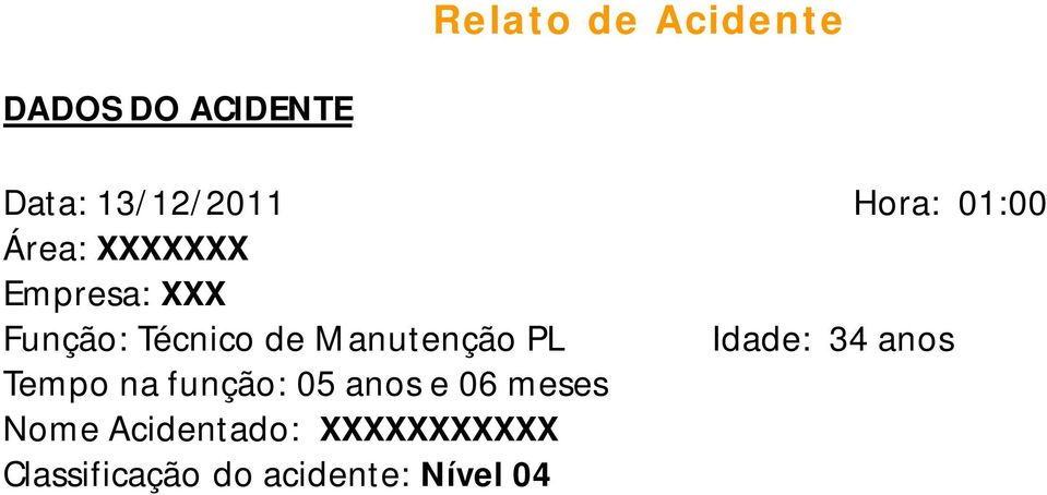 Manutenção PL Idade: 34 anos Tempo na função: 05 anos e 06