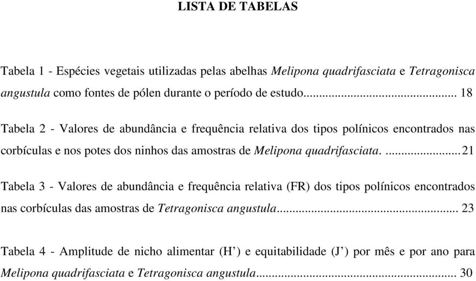 .. 18 Tabela 2 - Valores de abundância e frequência relativa dos tipos polínicos encontrados nas corbículas e nos potes dos ninhos das amostras de Melipona
