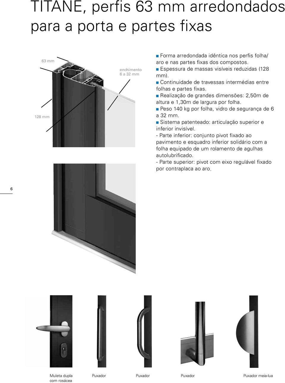 Peso 140 kg por folha, vidro de segurança de 6 a 32 mm. Sistema patenteado: articulação superior e inferior invisível.