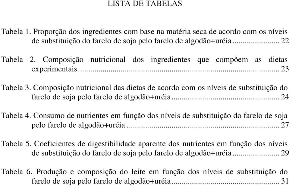 Composição nutricional das dietas de acordo com os níveis de substituição do farelo de soja pelo farelo de algodão+uréia... 24 Tabela 4.