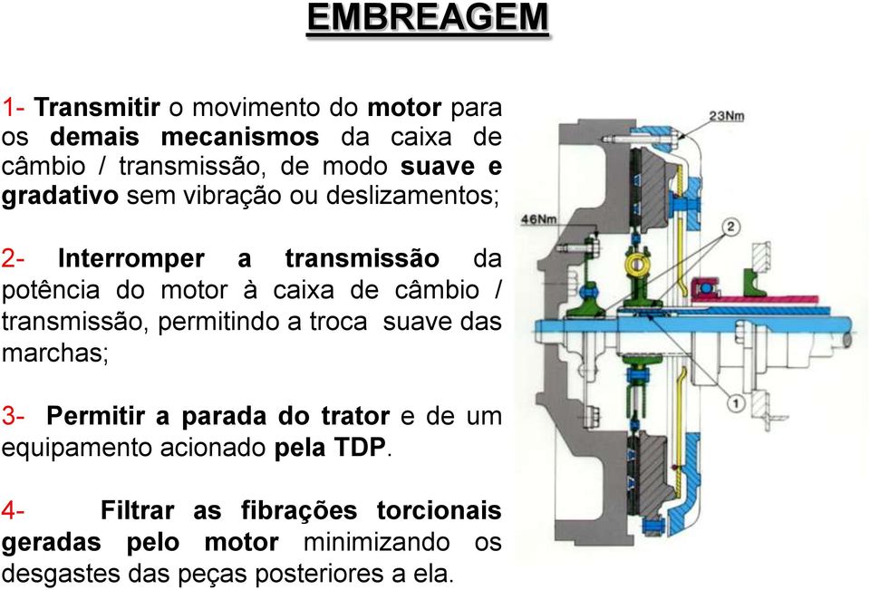 câmbio / transmissão, permitindo a troca suave das marchas; 3- Permitir a parada do trator e de um equipamento