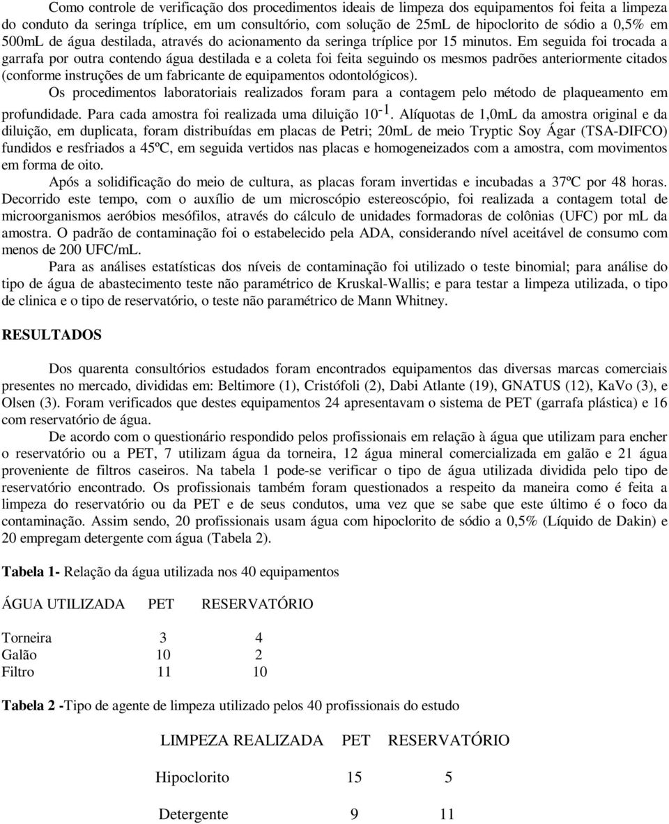 Em seguida foi trocada a garrafa por outra contendo água destilada e a coleta foi feita seguindo os mesmos padrões anteriormente citados (conforme instruções de um fabricante de equipamentos