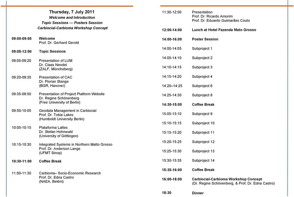 Regine Schönenberg (Free University of Berlin) 09:50-10:05 Geodata Management in Carbiocial Prof. Dr. Tobia Lakes (Humboldt University Berlin) 10:05-10:15 Plataforma Lattes Dr.