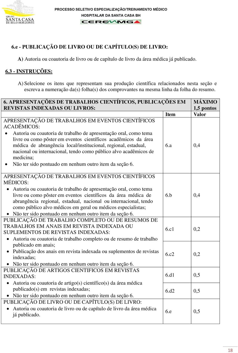 APRESENTAÇÕES DE TRABALHOS CIENTÍFICOS, PUBLICAÇÕES EM REVISTAS INDEXADAS OU LIVROS: MÁXIMO 1,5 pontos Item Valor APRESENTAÇÃO DE TRABALHOS EM EVENTOS CIENTÍFICOS ACADÊMICOS: Autoria ou coautoria de