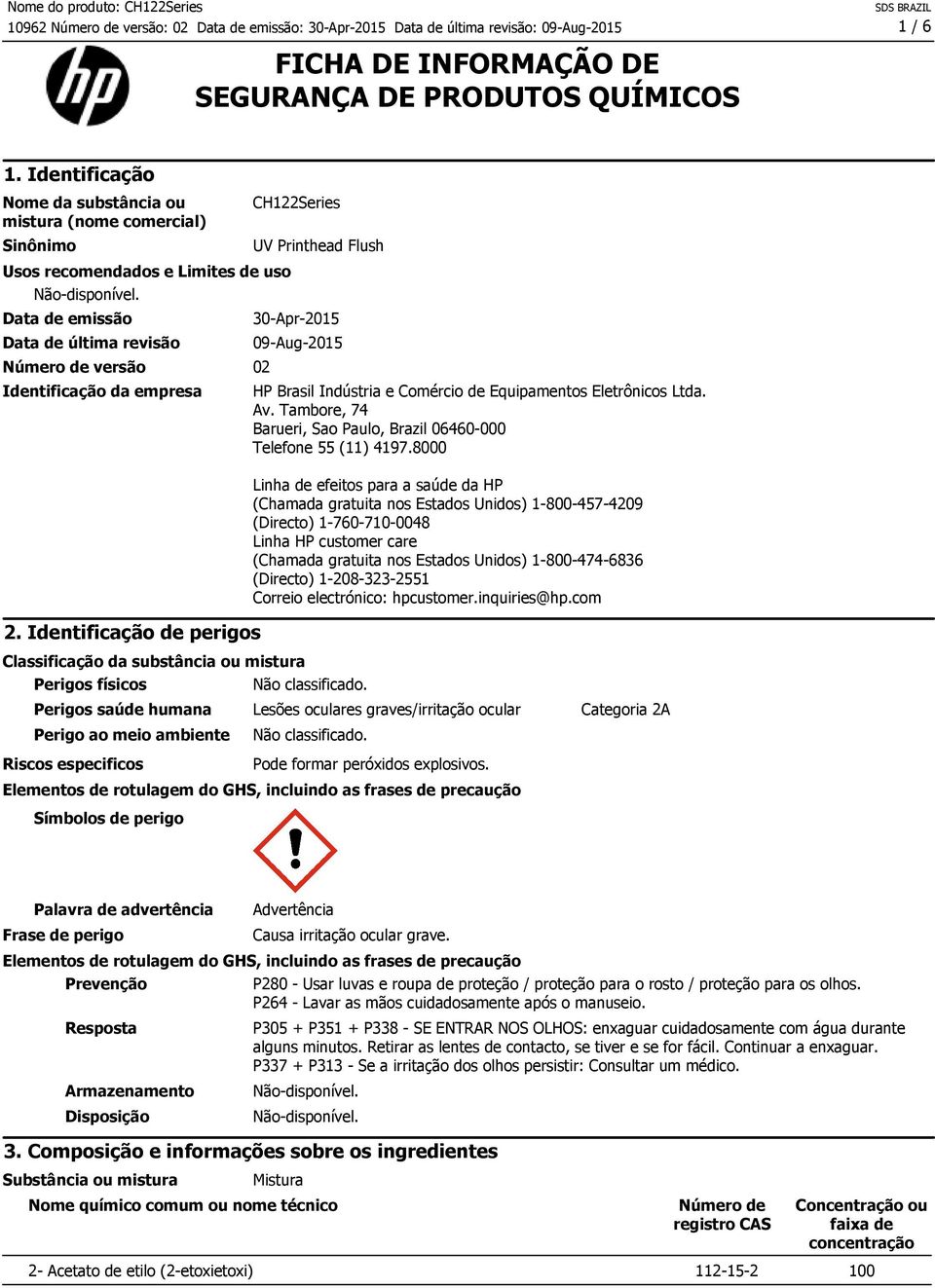 Identificação de perigos CH122Series UV Printhead Flush 30-Apr-2015 09-Aug-2015 HP Brasil Indústria e Comércio de Equipamentos Eletrônicos Ltda. Av.
