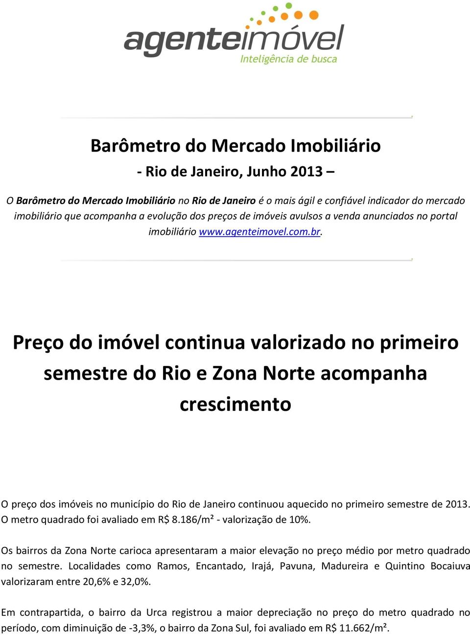 Preço do imóvel continua valorizado no primeiro semestre do Rio e Zona Norte acompanha crescimento O preço dos imóveis no município do Rio de Janeiro continuou aquecido no primeiro semestre de 2013.