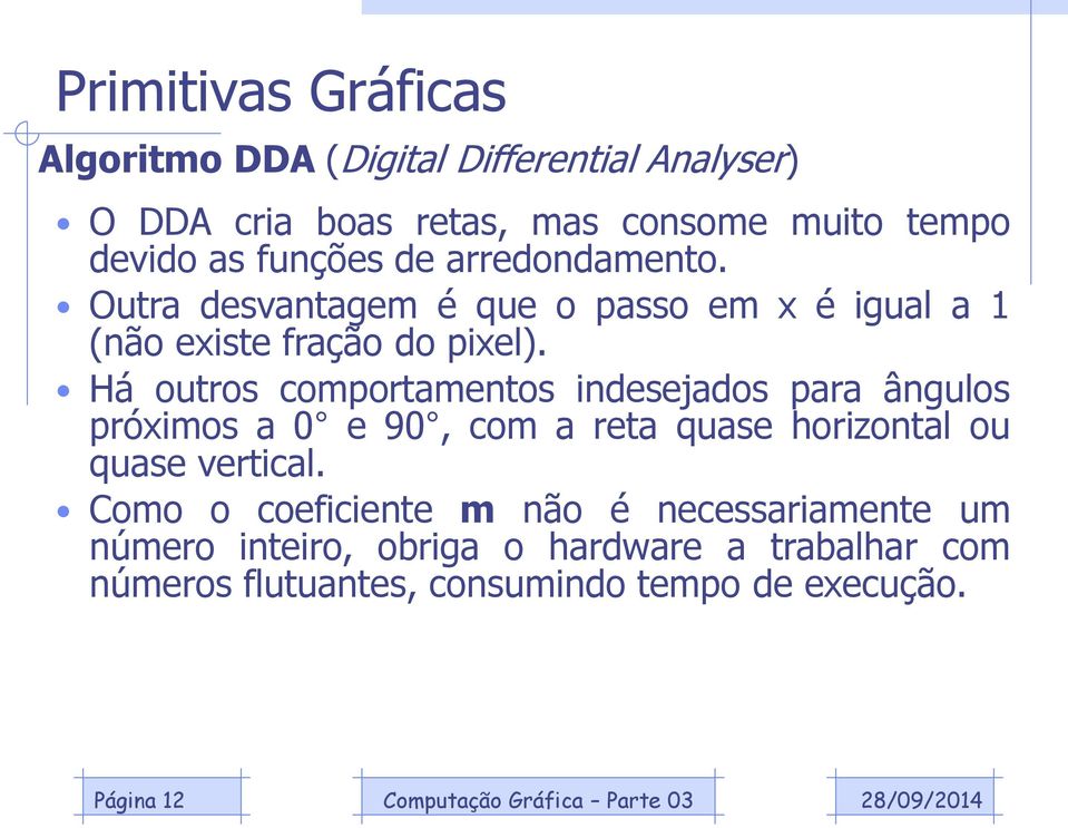 Há outros comportamentos indesejados para ângulos próximos a 0 e 90, com a reta quase horizontal ou quase vertical.