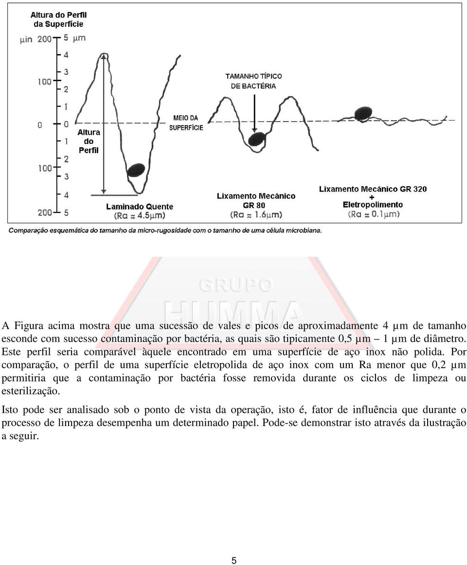 Por comparação, o perfil de uma superfície eletropolida de aço inox com um Ra menor que 0,2 µm permitiria que a contaminação por bactéria fosse removida durante os ciclos