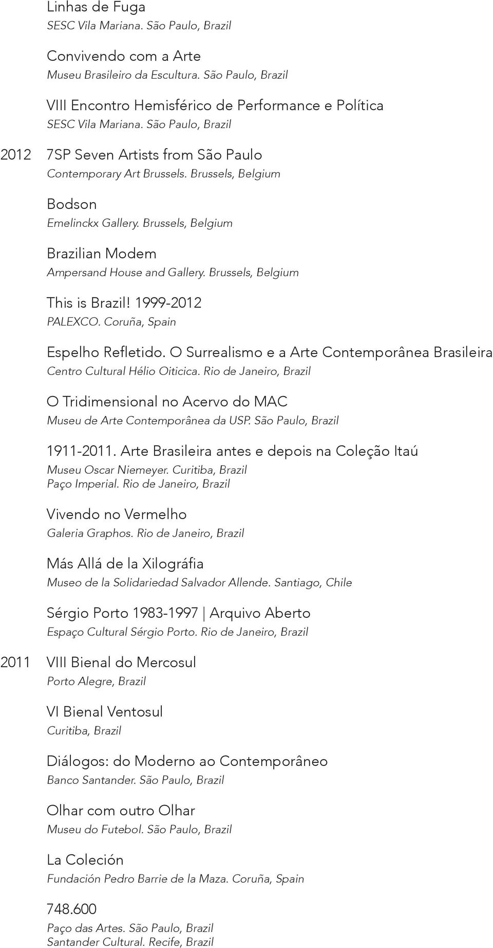 Brussels, Belgium This is Brazil! 1999-2012 PALEXCO. Coruña, Spain Espelho Refletido. O Surrealismo e a Arte Contemporânea Brasileira Centro Cultural Hélio Oiticica.