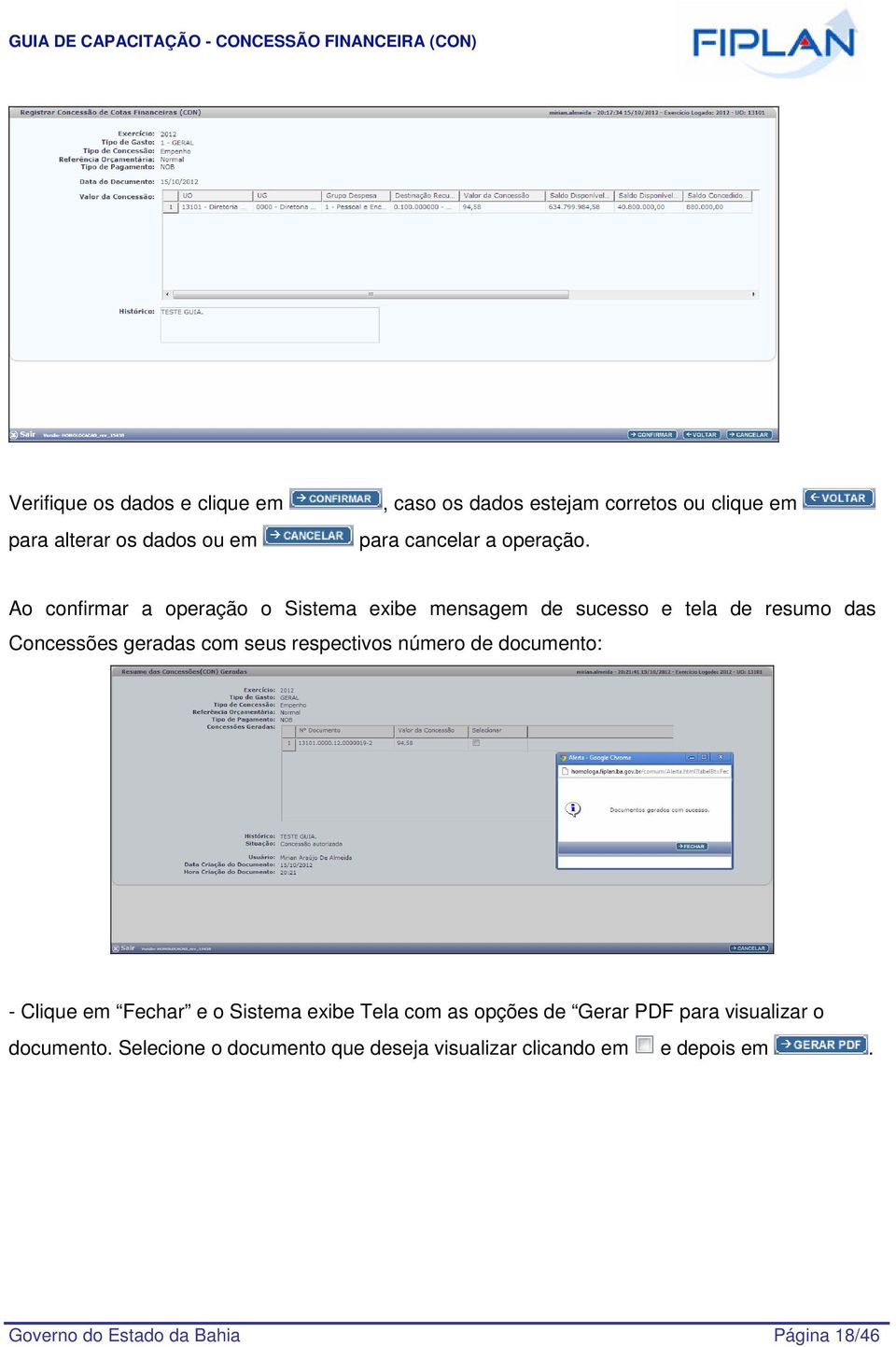 Ao confirmar a operação o Sistema exibe mensagem de sucesso e tela de resumo das Concessões geradas com seus