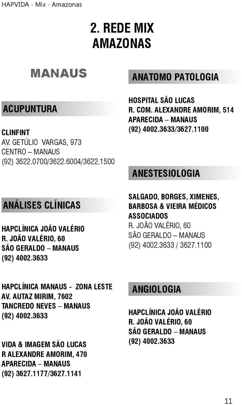 1100 ANESTESIOLOGIA SALGADO, BORGES, XIMENES, BARBOSA & VIEIRA MÉDICOS ASSOCIADOS R. JOÃO VALÉRIO, 60 SÃO GERALDO MANAUS / 3627.