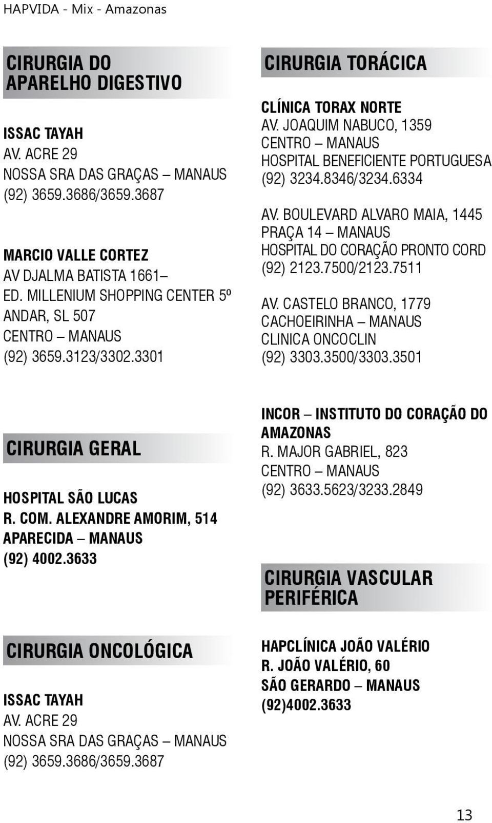 BOULEVARD ALVARO MAIA, 1445 PRAÇA 14 MANAUS HOSPITAL DO CORAÇÃO PRONTO CORD (92) 2123.7500/2123.7511 AV. CASTELO BRANCO, 1779 CACHOEIRINHA MANAUS CLINICA ONCOCLIN (92) 3303.3500/3303.