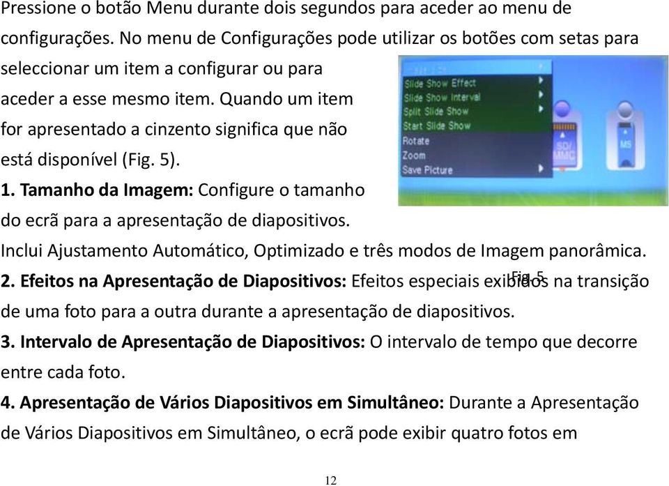 Quando um item for apresentado a cinzento significa que não está disponível (Fig. 5). 1. Tamanho da Imagem: Configure o tamanho do ecrã para a apresentação de diapositivos.