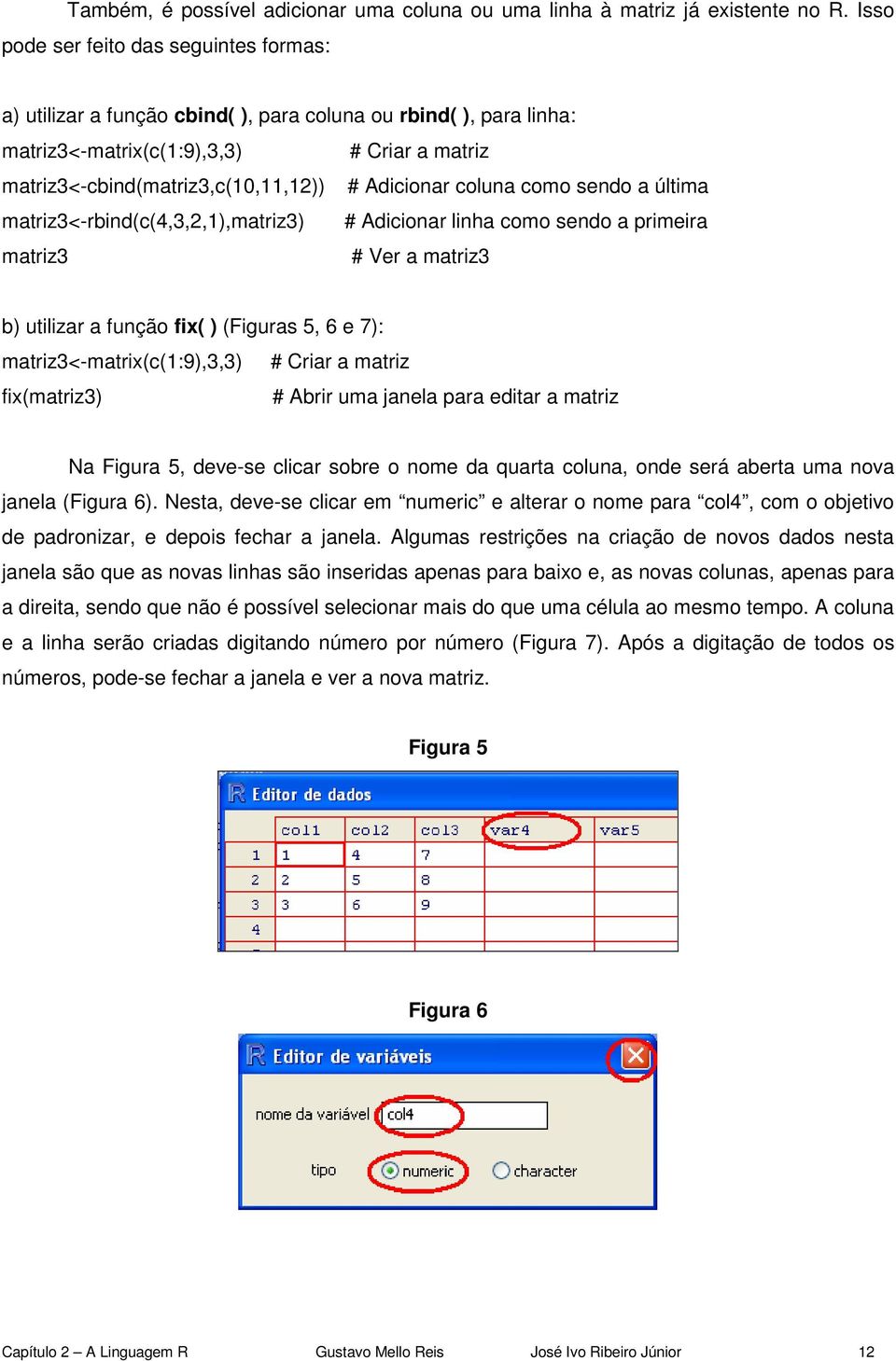 Adicionar coluna como sendo a última matriz3<-rbind(c(4,3,2,1),matriz3) # Adicionar linha como sendo a primeira matriz3 # Ver a matriz3 b) utilizar a função fix( ) (Figuras 5, 6 e 7):