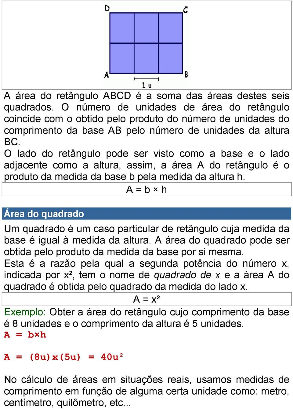 O lado do retângulo pode ser visto como a base e o lado adjacente como a altura, assim, a área A do retângulo é o produto da medida da base b pela medida da altura h.