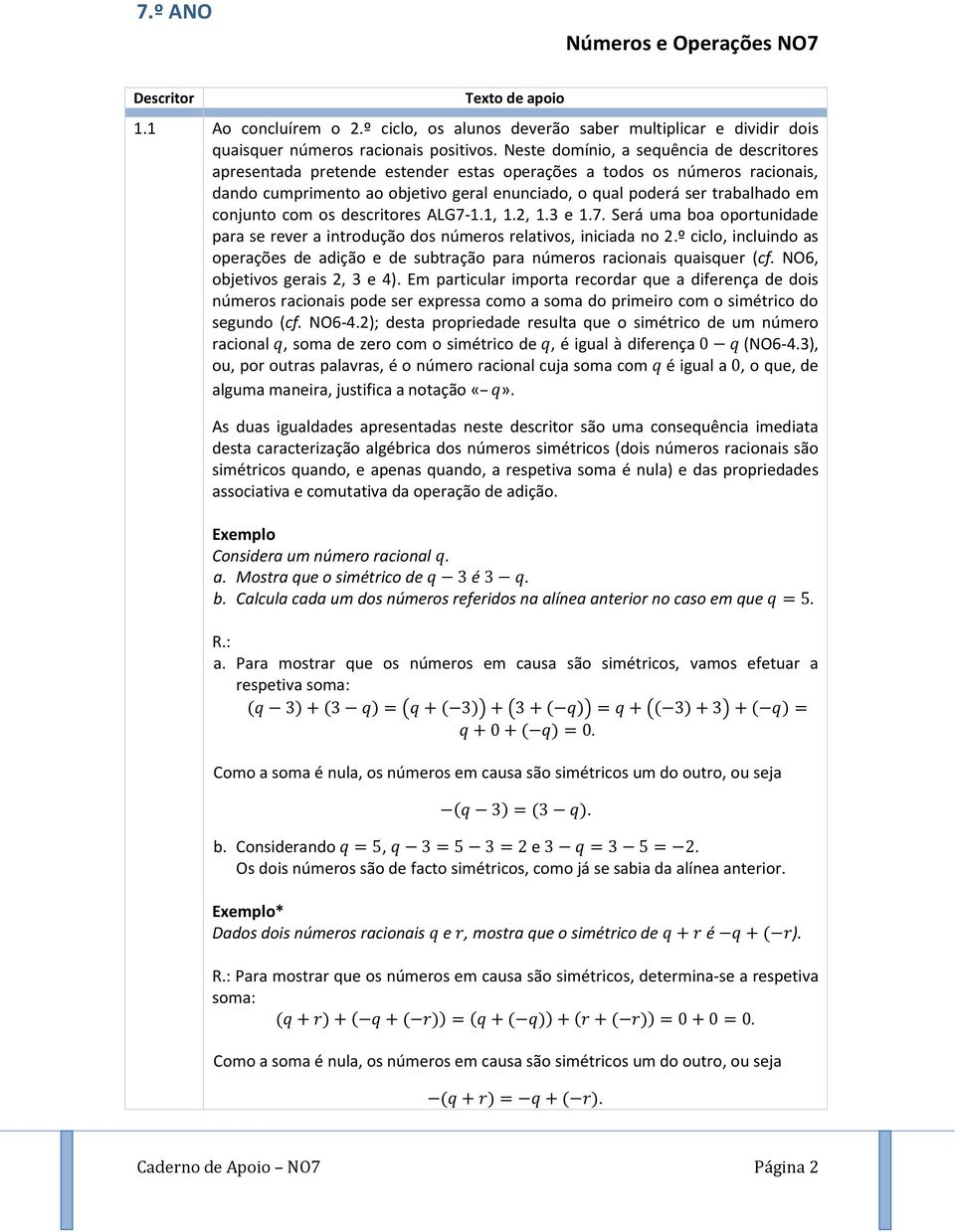 conjunto com os descritores ALG7-1.1, 1.2, 1.3 e 1.7. Será uma boa oportunidade para se rever a introdução dos números relativos, iniciada no 2.