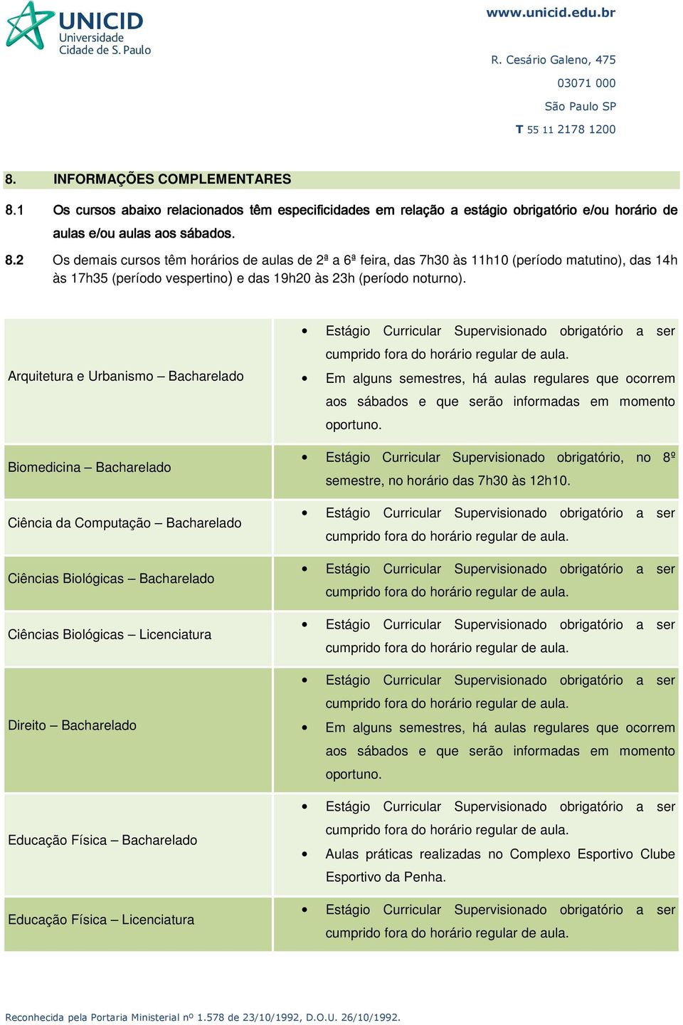 2 Os demais cursos têm horários de aulas de 2ª a 6ª feira, das 7h30 às 11h10 (período matutino), das 14h às 17h35 (período vespertino) e das 19h20 às 23h (período noturno).