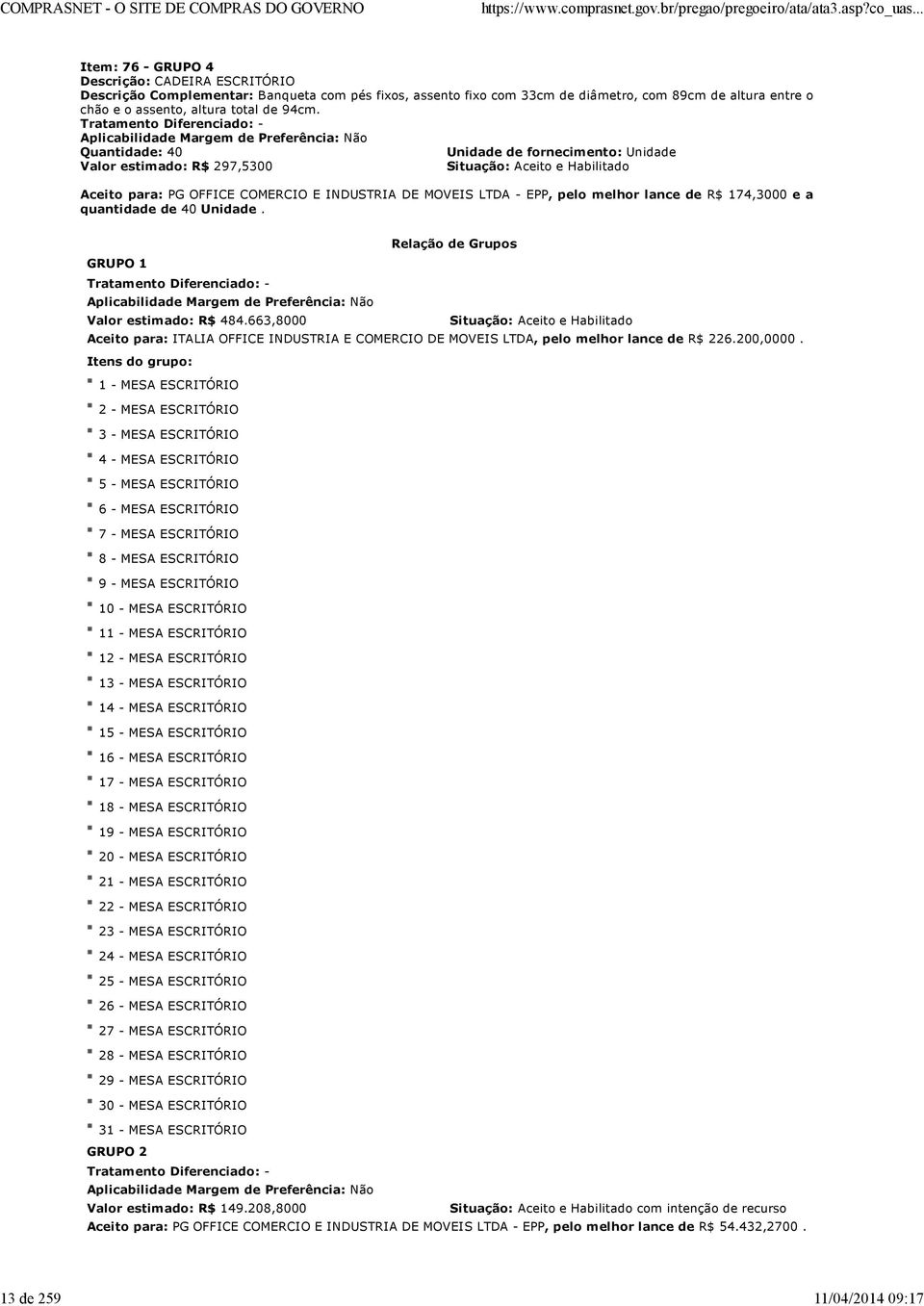 Tratamento Diferenciado: - Aplicabilidade Margem de Preferência: Não Quantidade: 40 Unidade de fornecimento: Unidade Valor estimado: R$ 297,5300 Situação: Aceito e Habilitado Aceito para: PG OFFICE E