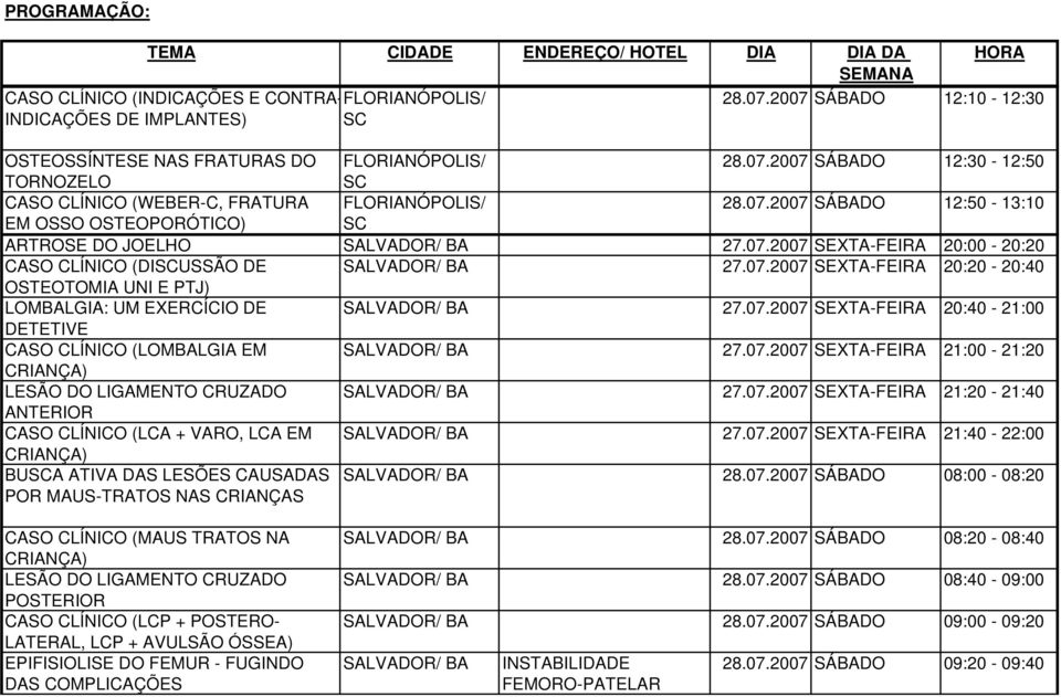 07.2007 SEXTA-FEIRA 20:40-21:00 DETETIVE CASO CLÍNICO (LOMBALGIA EM SALVADOR/ BA 27.07.2007 SEXTA-FEIRA 21:00-21:20 LESÃO DO LIGAMENTO CRUZADO SALVADOR/ BA 27.07.2007 SEXTA-FEIRA 21:20-21:40 ANTERIOR CASO CLÍNICO (LCA + VARO, LCA EM SALVADOR/ BA 27.