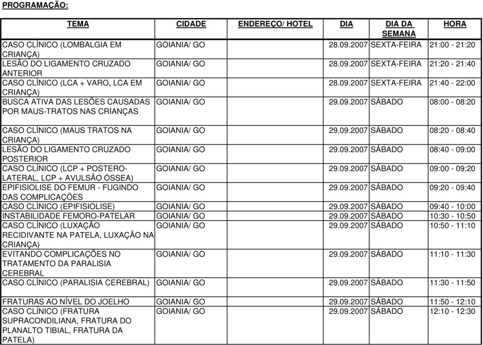 09.2007 SÁBADO 08:40-09:00 POSTERIOR CASO CLÍNICO (LCP + POSTERO- GOIANIA/ GO 29.09.2007 SÁBADO 09:00-09:20 LATERAL, LCP + AVULSÃO ÓSSEA) EPIFISIOLISE DO FEMUR - FUGINDO GOIANIA/ GO 29.09.2007 SÁBADO 09:20-09:40 DAS COMPLICAÇÕES CASO CLÍNICO (EPIFISIOLISE) GOIANIA/ GO 29.