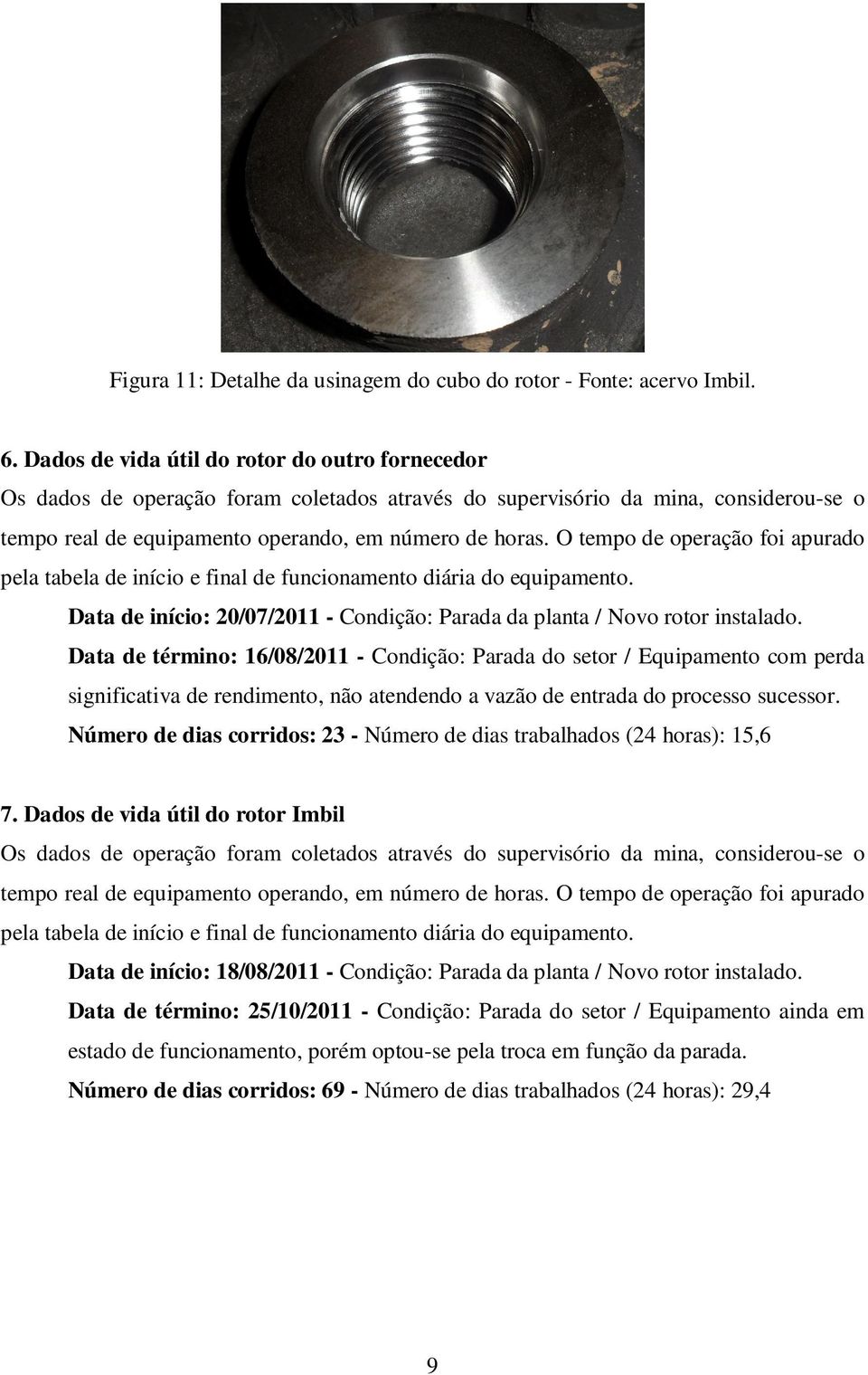 O tempo de operação foi apurado pela tabela de início e final de funcionamento diária do equipamento. Data de início: 20/07/2011 - Condição: Parada da planta / Novo rotor instalado.