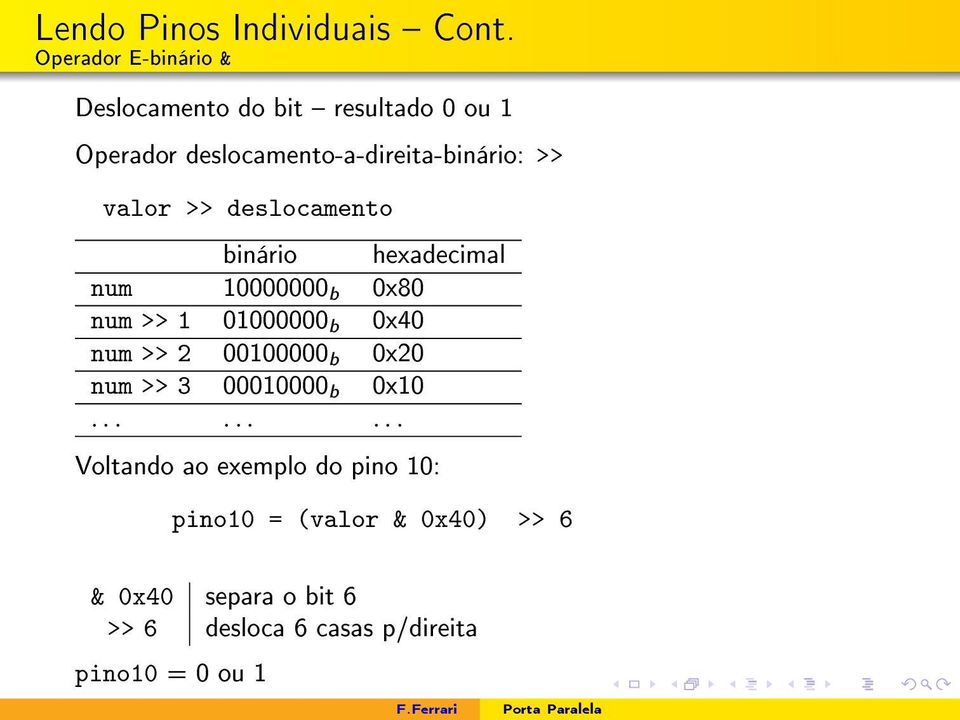 valor >> deslocamento binário hexadecimal num 10000000 b 0x80 num >> 1 01000000 b 0x40 num >> 2