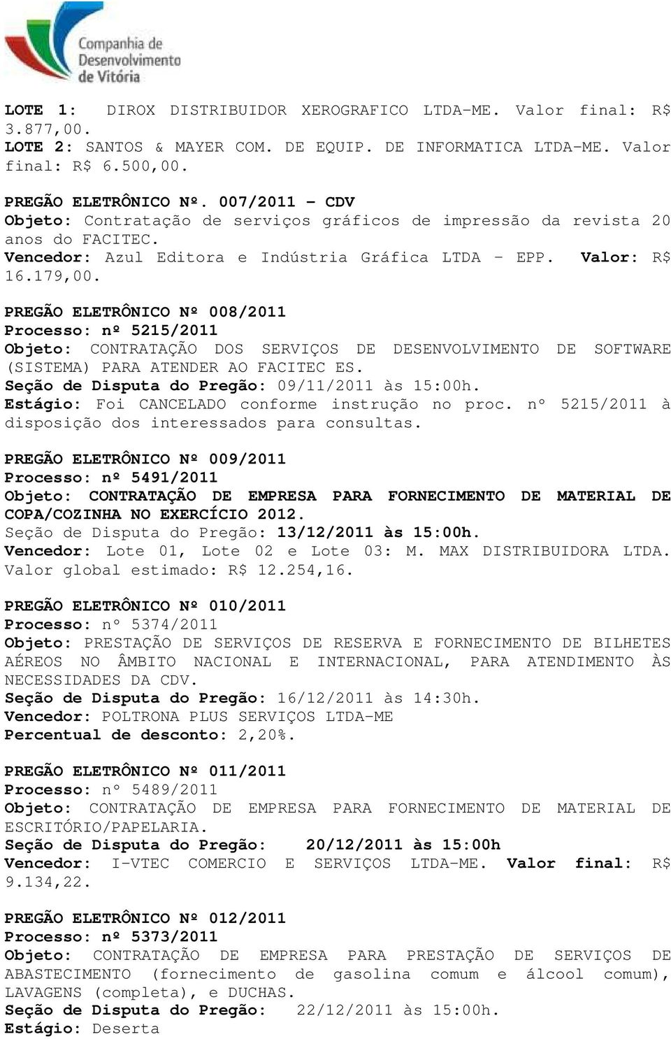 PREGÃO ELETRÔNICO Nº 008/2011 Processo: nº 5215/2011 Objeto: CONTRATAÇÃO DOS SERVIÇOS DE DESENVOLVIMENTO DE SOFTWARE (SISTEMA) PARA ATENDER AO FACITEC ES.