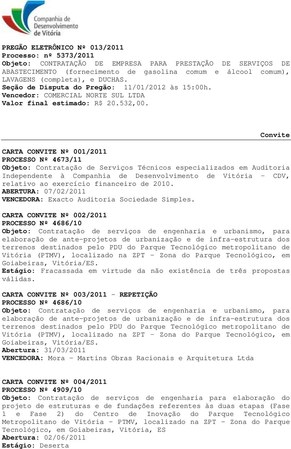 Convite CARTA CONVITE Nº 001/2011 PROCESSO Nº 4673/11 Objeto: Contratação de Serviços Técnicos especializados em Auditoria Independente à Companhia de Desenvolvimento de Vitória CDV, relativo ao