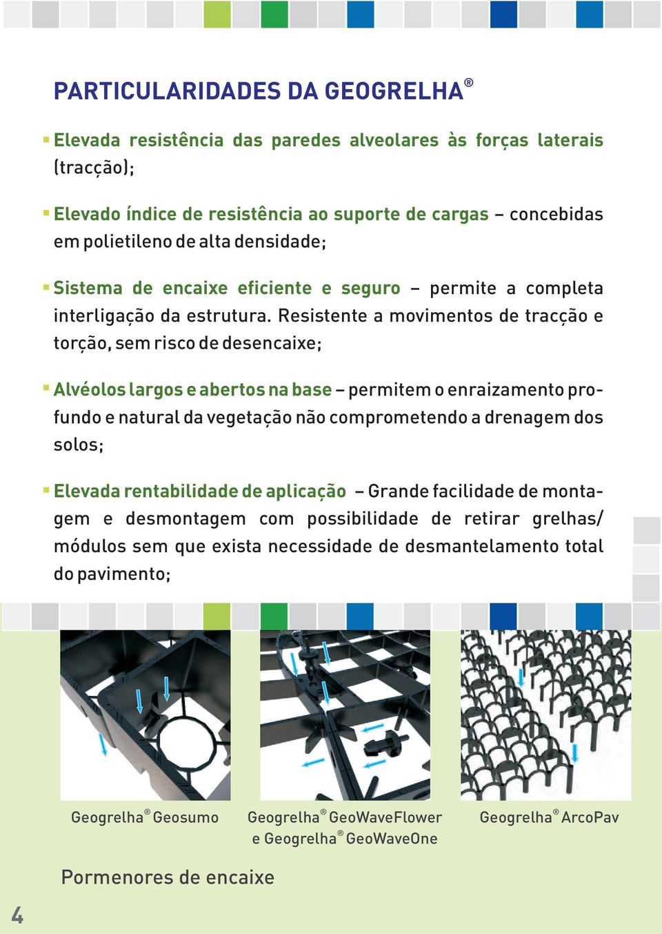 Resistente a movimentos de tracção e torção, sem risco de desencaixe; Alvéolos largos e abertos na base permitem o enraizamento profundo e natural da vegetação não comprometendo a drenagem dos