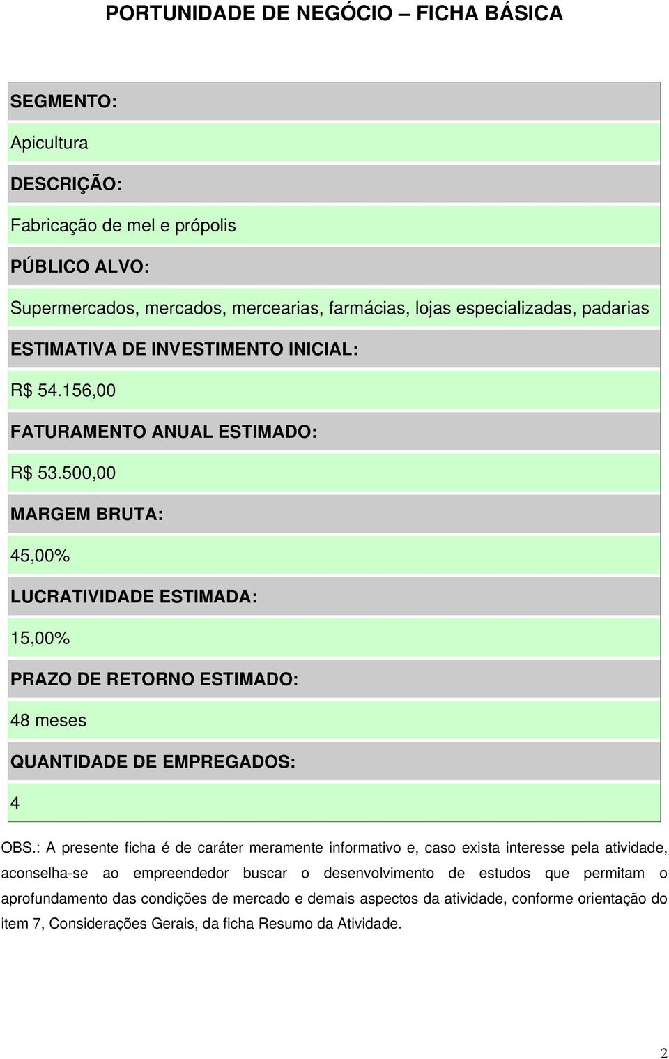 500,00 MARGEM BRUTA: 45,00% LUCRATIVIDADE ESTIMADA: 15,00% PRAZO DE RETORNO ESTIMADO: 48 meses QUANTIDADE DE EMPREGADOS: 4 OBS.