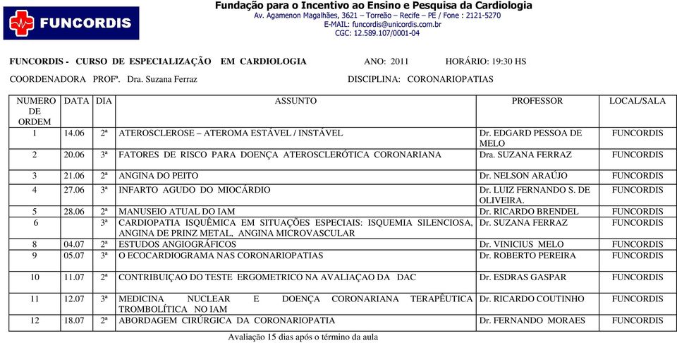 06 3ª INFARTO AGUDO DO MIOCÁRDIO Dr. LUIZ FERNANDO S. OLIVEIRA. 5 8.06 ª MANUSEIO ATUAL DO IAM Dr. RICARDO BRENL 6 3ª CARDIOPATIA ISQUÊMICA EM SITUAÇÕES ESPECIAIS: ISQUEMIA SILENCIOSA, Dr.