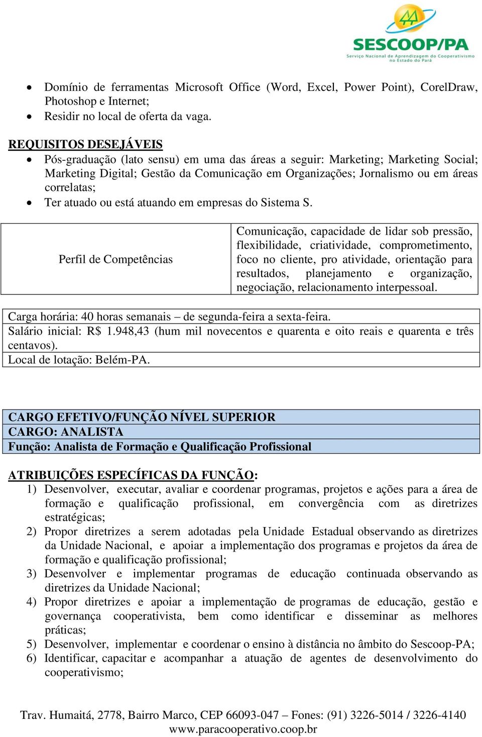 Comunicação, capacidade de lidar sob pressão, flexibilidade, criatividade, comprometimento, foco no cliente, pro atividade, orientação para resultados, planejamento e organização, negociação,