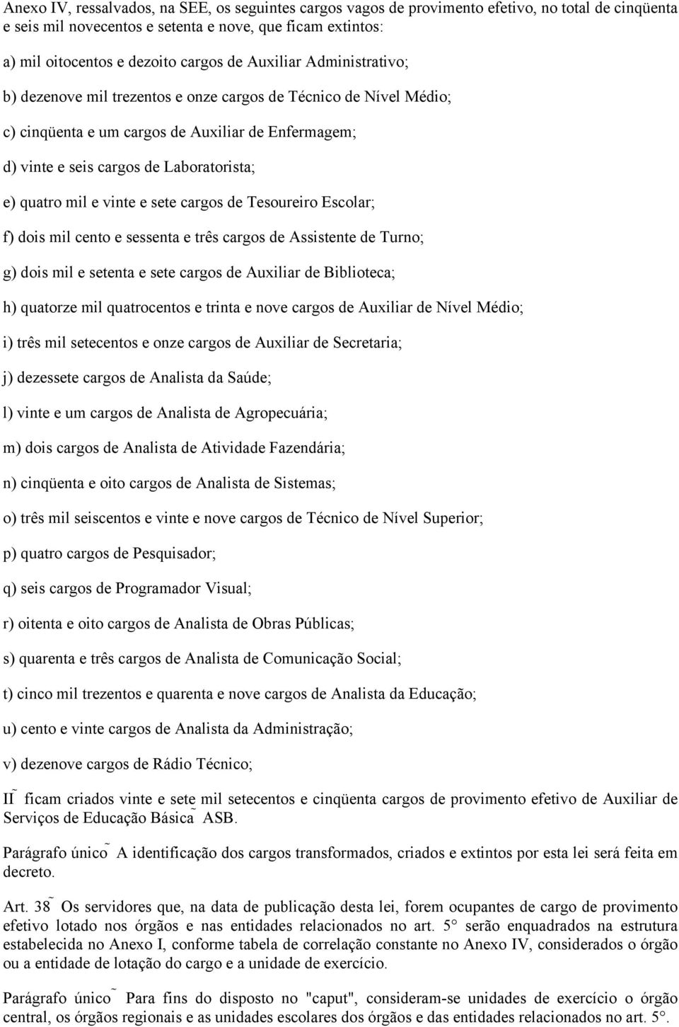 e vinte e sete cargos de Tesoureiro Escolar; f) dois mil cento e sessenta e três cargos de Assistente de Turno; g) dois mil e setenta e sete cargos de Auxiliar de Biblioteca; h) quatorze mil