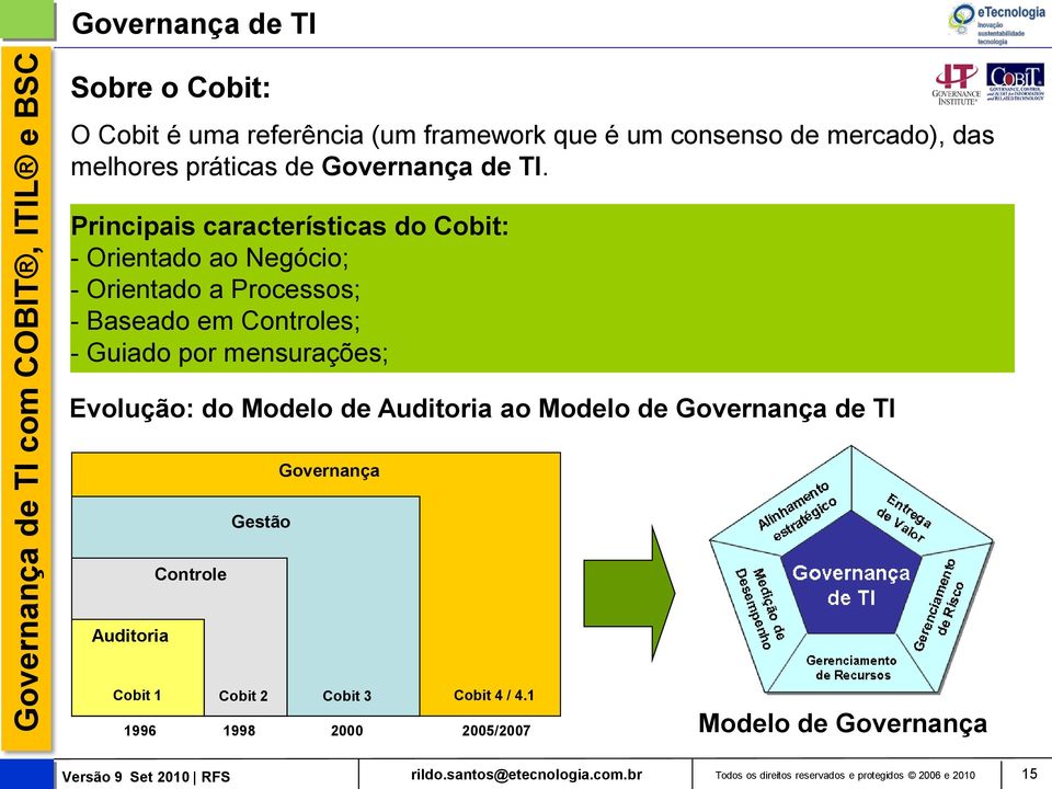 Guiado por mensurações; Evolução: do Modelo de Auditoria ao Modelo de Governança Gestão Controle Auditoria Cobit 1