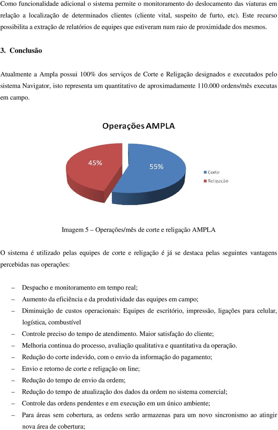 Conclusão Atualmente a Ampla possui 100% dos serviços de Corte e Religação designados e executados pelo sistema Navigator, isto representa um quantitativo de aproximadamente 110.