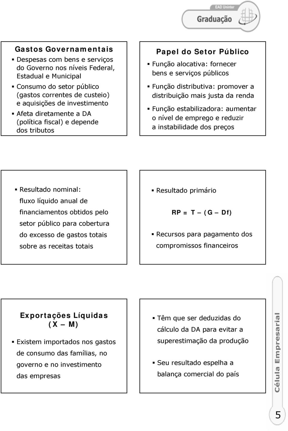 Função estabilizadora: aumentar o nível de emprego e reduzir a instabilidade dos preços Resultado nominal: fluxo líquido anual de financiamentos obtidos pelo setor público para cobertura do excesso