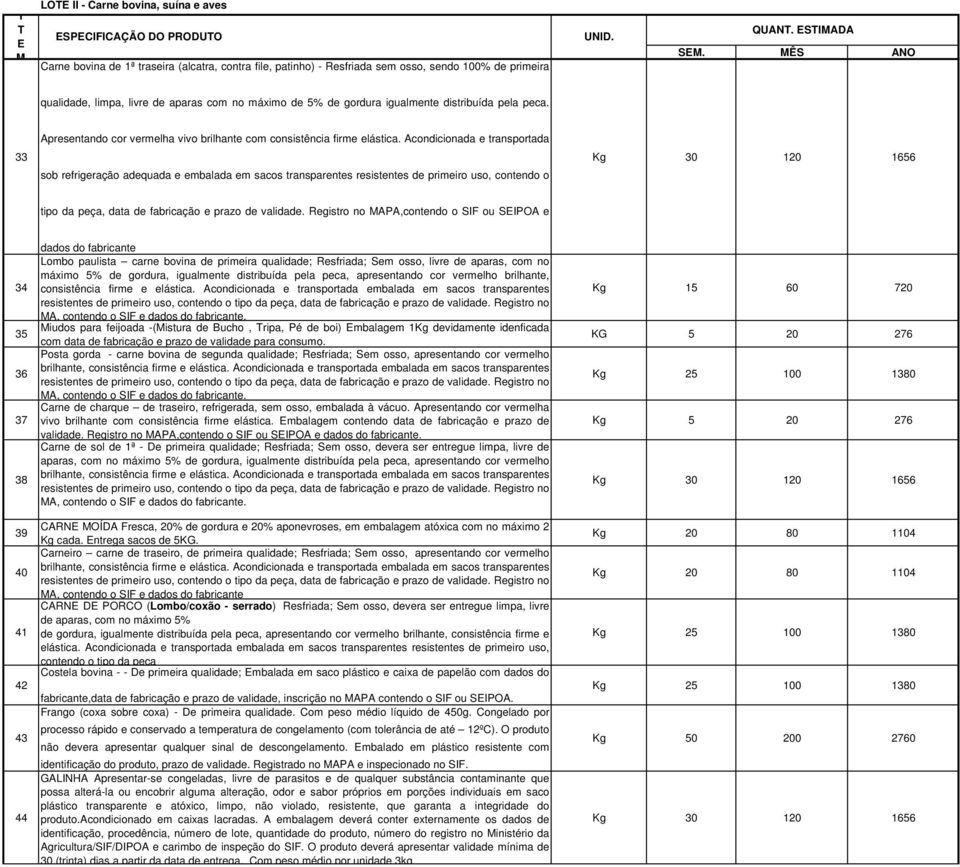 Acondicionada e transportada sob refrigeração adequada e embalada em sacos transparentes resistentes de primeiro uso, contendo o Kg 30 120 1656 tipo da peça, data de fabricação e prazo de validade.