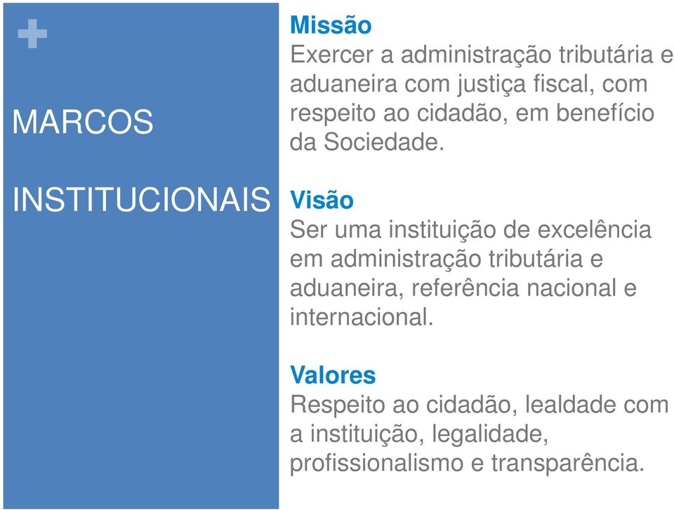 Visão Ser uma instituição de excelência em administração tributária e aduaneira, referência