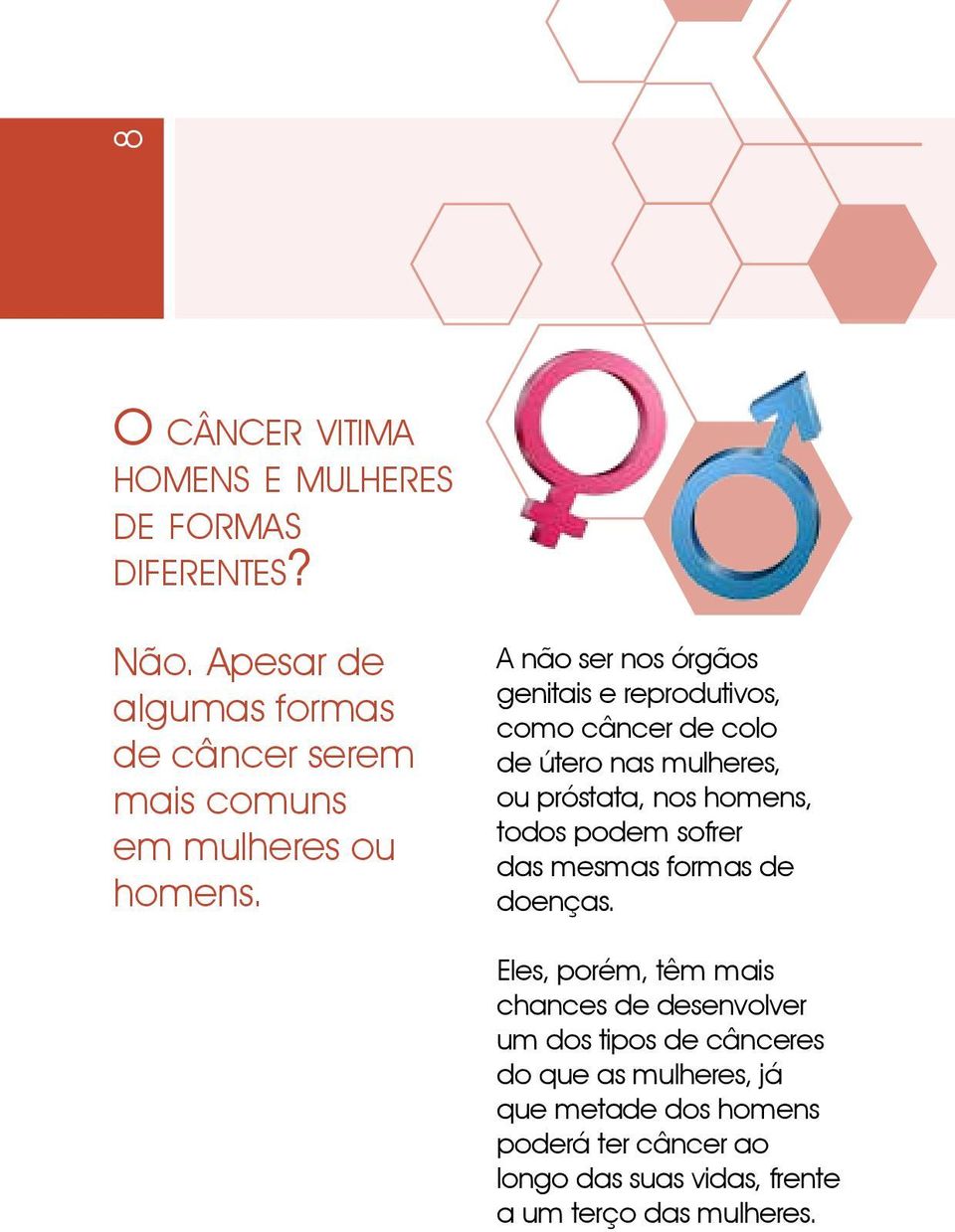 A não ser nos órgãos genitais e reprodutivos, como câncer de colo de útero nas mulheres, ou próstata, nos homens, todos