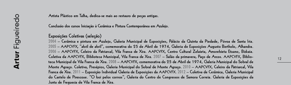 2005 AAPCVFX, abril de abril, comemorativa do 25 de Abril de 1974, Galeria de Exposições Augusto Bertholo, Alhandra. 2006 AAPCVFX, Celeiro da Patriarcal, Vila Franca de Xira.