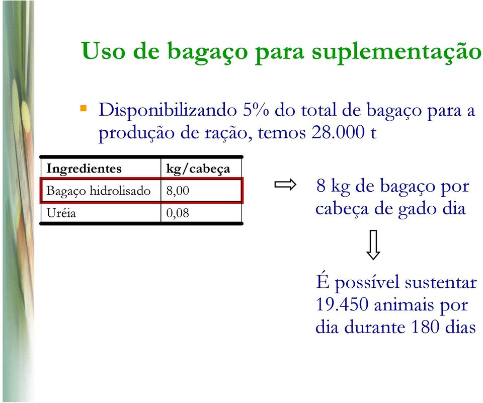 000 t Ingredientes Bagaço hidrolisado Uréia kg/cabeça 8,00 0,08 8