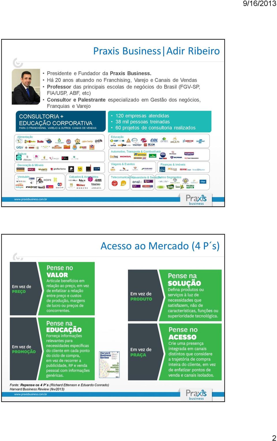 negócios, Franquias e Varejo CONSULTORIA + EDUCAÇÃO CORPORATIVA PARA O FRANCHISING, VAREJO & OUTROS CANAIS DE VENDAS Alimentação 120 empresas atendidas 38 mil pessoas treinadas 60 projetos de