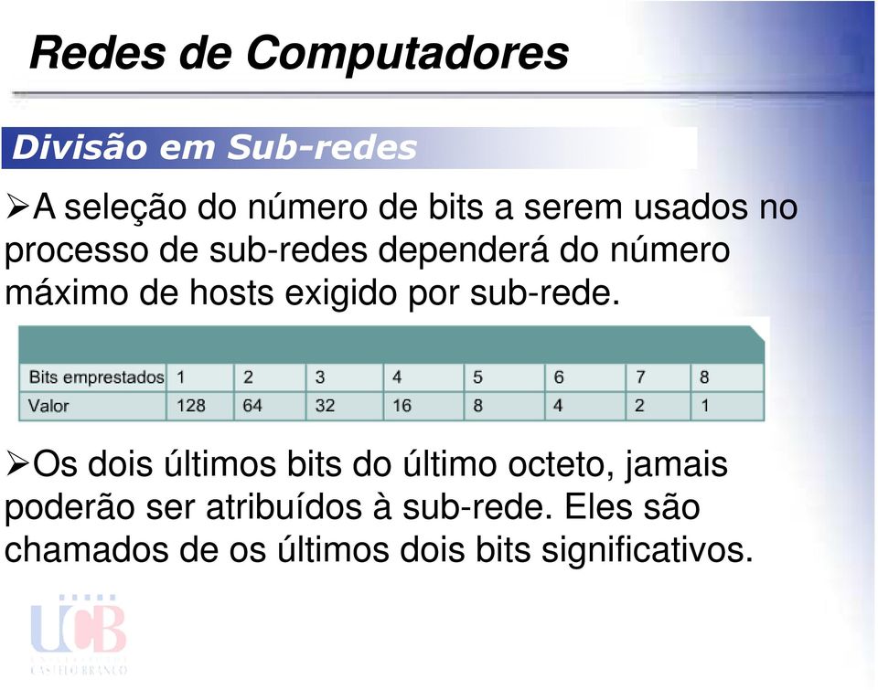 Os dois últimos bits do último octeto, jamais poderão ser