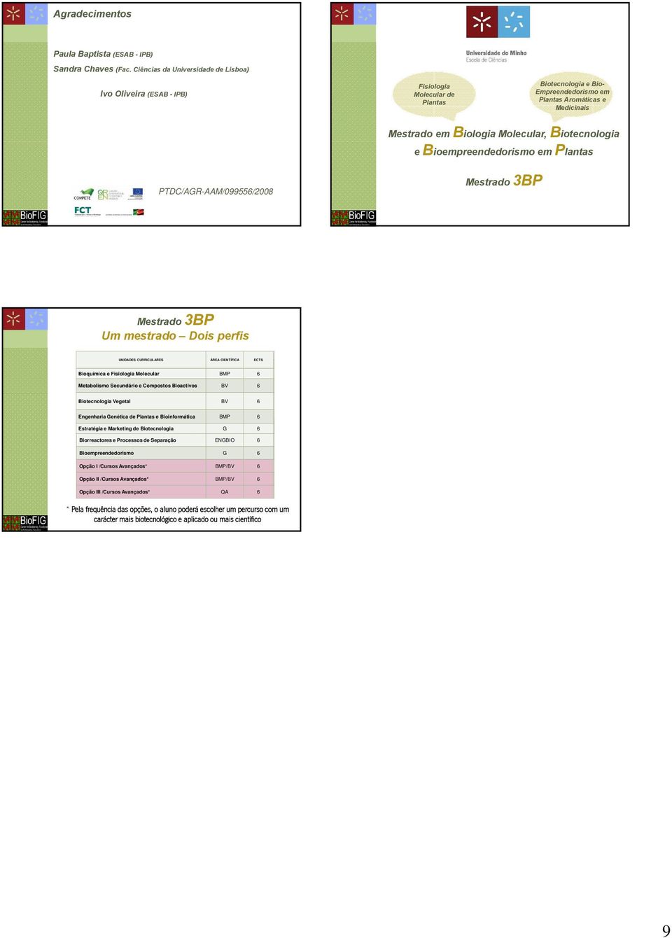 Biotecnologia e Bioempreendedorismo em Plantas PTDC/AGR-AAM/099556/2008 Mestrado 3BP Mestrado 3BP Um mestrado Dois perfis UNIDADES CURRICULARES ÁREA CIENTÍFICA ECTS Bioquímica e Fisiologia Molecular