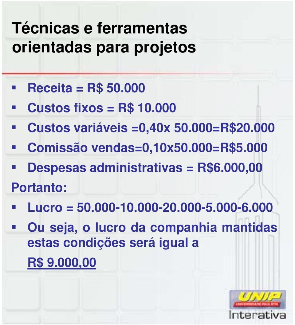 000 Despesas administrativas = R$6.000,00 Portanto: Lucro = 50.000-10.