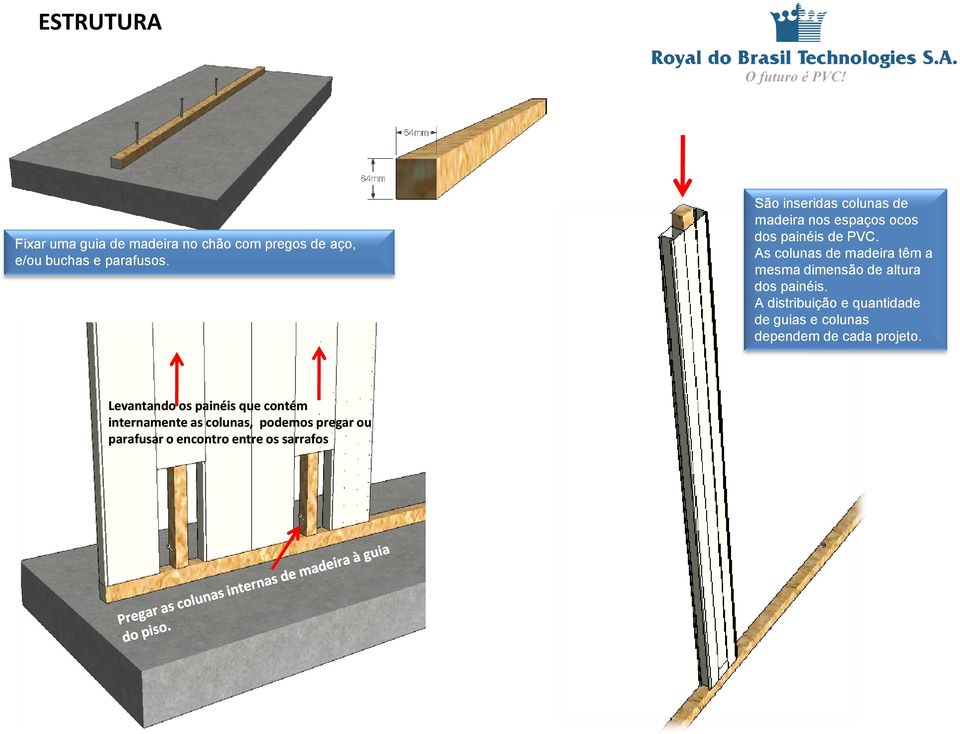 As colunas de madeira têm a mesma dimensão de altura dos painéis.